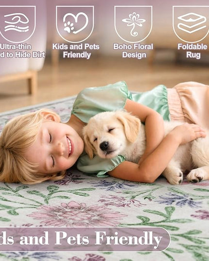Wonnitar Floral Washable Round Rugs 6ft, Purple Circle Rugs for Bedroom Girls Dorm, Ultra-Thin Non Slip Boho Carpet for Nursery Girls Room Decor Living Room Playroom, Light Purple/Pink