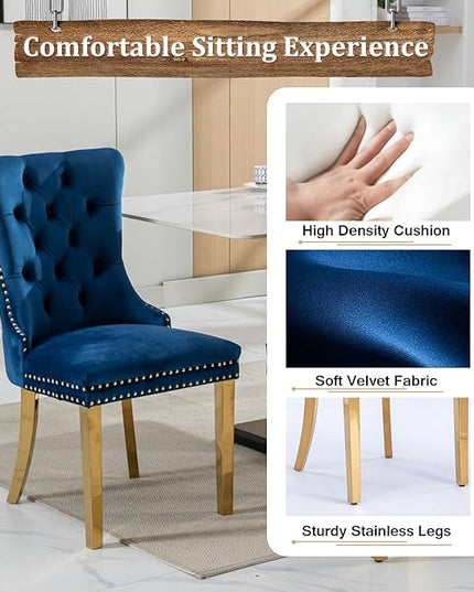 70" Modern Gold Glass Dining Table Set for 6, 7-Piece Rectangle Kitchen Dining Room Table Set with Steel Base & 6 Blue Velvet Upholstered Chairs, Modern Glass Kitchen Table and Chairs Set of 6