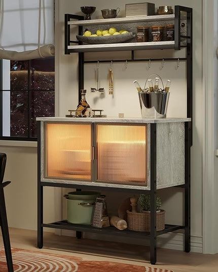 Bestier Coffee Bar with Storage, 5 Tier Microwave Stand with LED Lights, Kitchen Bakers Rack with Cabinet, Heavy Duty Storage Shelves for Kitchen Garage Pantry(Retro Grey Oak Light)