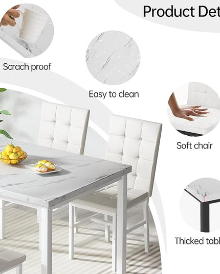 Hooseng Dining Room Table Set 5 Piece Dining Table Set Marble Dining Table 4 Chair Dining Table Set for Kitchen Living Room Breakfast Small Spaces (White)