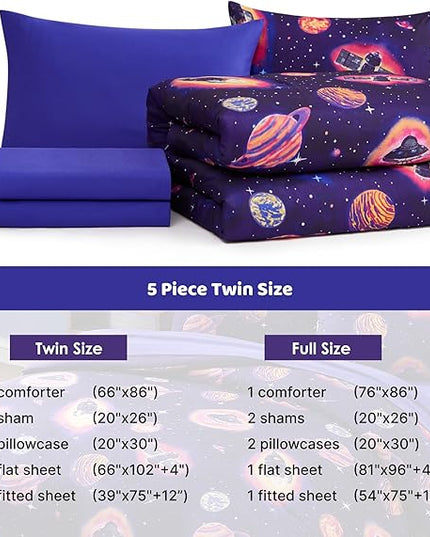 Twin Comforter Set for Boys-5 Pieces Space Rocket Twin Bedding Sets for Kids, Ultra Soft Bed in A Bag with Sheets