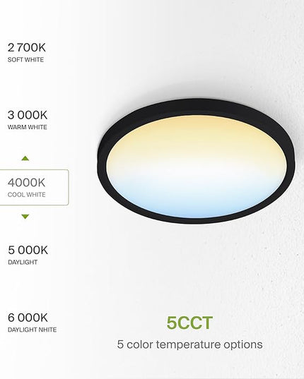 ASD LED 9" Round Flush Mount Ceiling Light Fixture, Low Profile Surface Lighting | 5CCT, Dimmable, Ultra-Thin, ETL Listed | 18W 1660LM 2700-6000K 120V | Kitchen, Bedroom, Hallway Lamp | Black, 12 Pack