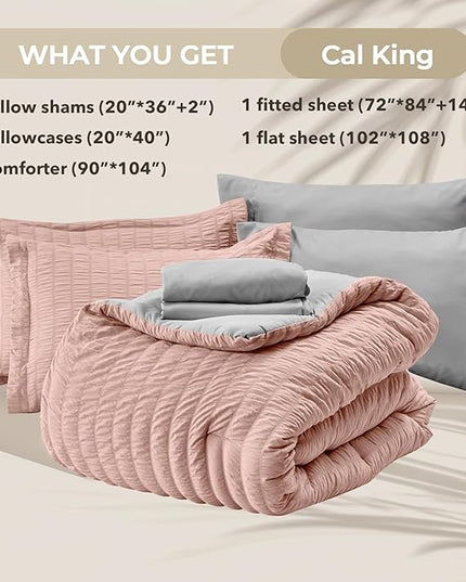 HYMOKEGE Rose Gold/Light Grey California King Comforter Set Seersucker 7 Pieces, All Season Luxury Bed in a Bag for Bedroom, Bedding Set with Comforter, Sheets, Pillowcases & Shams