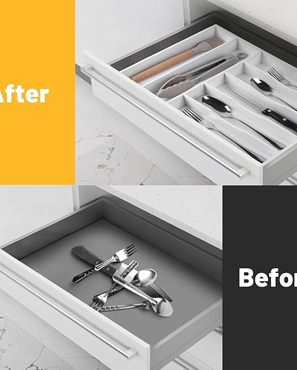 Kitchen Bamboo Silverware Organizer, Kitchen Drawer Organizer - Utensil Holder and Cutlery Tray with Grooved Drawer Dividers for Flatware 7 Slot, White
