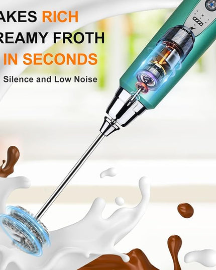 YUSWKO Green Handheld Milk Frother Wand for Coffee, Rechargeable Electric Whisk with 3 Heads 3 Speeds Drink Mixer Coffee Frother For Latte, Cappuccino, Hot Chocolate, Egg