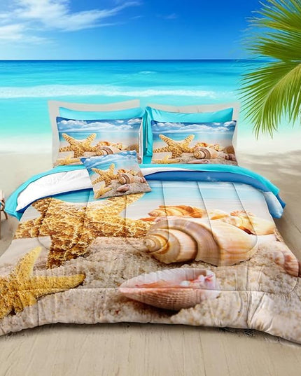 Bedbay Beach Comforter Set 8 Pieces Coastal Bedding Full Size in a Bag Beach Themed Bedding Set Shell Starfish Full Bed Set Soft Microfiber Ocean Comforter Set