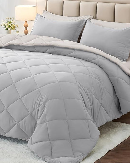 MUXHOMO 7 Pieces Full Comforter Set, Reversible Bed in a Bag Full Size, All Season Bedding Set with Comforter, Flat Sheet, Fitted Sheet, Pillowcases & Shams, Light Grey & Beige