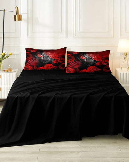 Bedbay 8 Pcs Wild Animal Comforter Rose Leopard Comforter Set Full Size Boys Teen Wildlife Cheetah Bedding Bed in a Bag Set Red Rose Leopard Printed Soft Fluffy Comforter Bed Set 8 Pcs(Black,Full)
