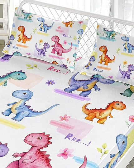 AILONEN Kids Cartoon Dinosaur Fitted Sheet Set for Boys,Girls,Colorful Dinos Bedding Set, Twin XL Size, Lovely Dinosaur Bed Sheet Set,3-Piece 1 Sheet Set + 2 Pillowcases