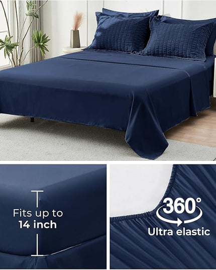 HYMOKEGE Navy Blue Twin Comforter Set Seersucker 5 Pieces, All Season Luxury Bed in a Bag for Bedroom, Bedding Set with Comforters, Sheets, Pillowcase & Sham