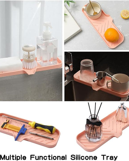 Silicone Bathroom Soap Dishes with Drain Spout-Bathroom and Kitchen Sink Organizer,Sponge Holder,Dish Soap Tray,Perfect for Dispenser,Scrubber,Bottle,Cup on Sink or Counter-Pink 12"×4"