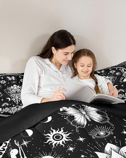 Sun Moon Kids Comforter Set Full Size,Starry Sky Galaxy Trippy Bedding Set,Boys Girls Adults Room Decor,Butterfly Skeleton Rose Flowers Boho Down Comforter,Black White Duvet Insert,2 Pillowcases
