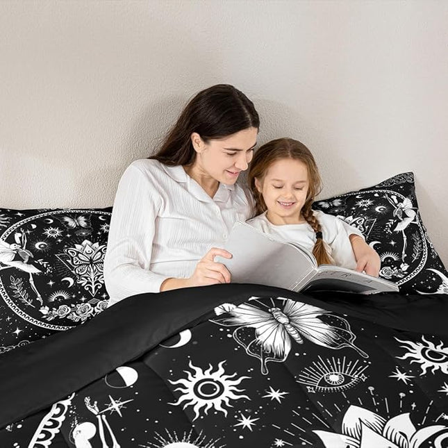 Sun Moon Kids Comforter Set King Size,Starry Sky Galaxy Trippy Bedding Set,Boys Girls Adults Room Decor,Butterfly Skeleton Rose Flowers Boho Down Comforter,Black White Duvet Insert,2 Pillowcases