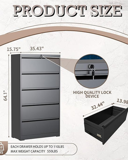 5 Drawer Lateral File Cabinet with Lock, Metal File Cabinet, Lateral File Cabinets for Home Office, Heavy Duty File Storage Cabinet for Legal/Letter/A4 Document, Assembly Required, Black