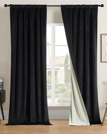 Joydeco 100% Blackout Velvet Curtains for Bedroom 72 Inches Long 2 Panels, Back Tab/Rod Pocket Living Room Drapes, Thermal Insulated Soundproof Heavy Duty Curtains for Windows,52W x 72L,Black