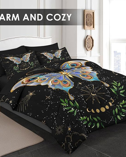 Comforter Set Twin Size, Gothic Butterfly Moon 5 Pcs Bedding for Kids and Adults, Botanical Plant Leaf Bed Sheet Sets with Fitted Sheet Pillowcase & Sham for Bedroom Bed Decor
