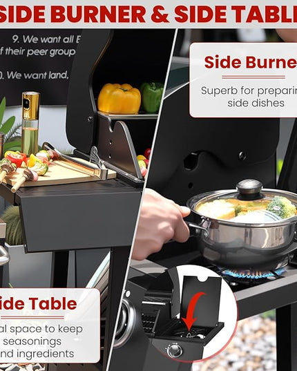 Q042-3-Burner w/Side Burner Gas Grill with 241 SQ.IN. Outdoor Grill with 36,000 BTU,Propane Grills with Top Cover Lid,Grills Outdoor Cooking for Patios,Balcony,Camping,Garden