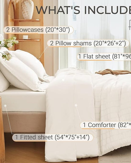 MUXHOMO 7 Pieces Full Comforter Set, Seersucker Bed in a Bag Full Size, All Season Luxury Bedding Set with Comforter, Flat Sheet, Fitted Sheet, Pillowcases & Shams, Ivory