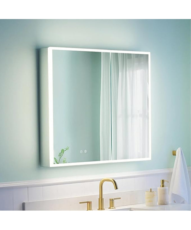 WELLFOR 36" X 30" Medicine Cabinet with Lights, 3X Magnification, Anti-Fog Mirrored Cabinet, Double Doors with Mirror, Bathroom Vanity Medicine Cabinet with Outlets & USB Ports