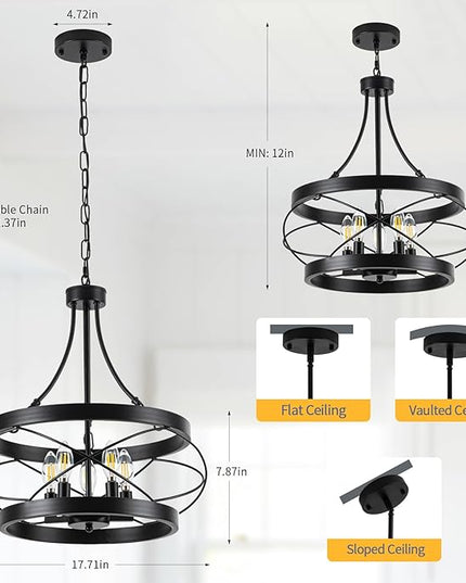 5-Light Farmhouse Chandelier, 17.72" Rustic Drum Dining Room Light Fixture, Black Chandeliers Hanging Pendant Lighting, Industrial Candle Chandeliers for Living Room Kitchen Entryway Bedroom