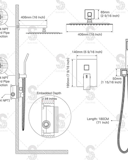 SR SUN RISE Matte Black Square Rainfall Shower Head and Handle Set, Wall Mounted Shower Fixtures, Metal Shower Faucet Trim Repair Kits (With Shower Valve) 16 Inches