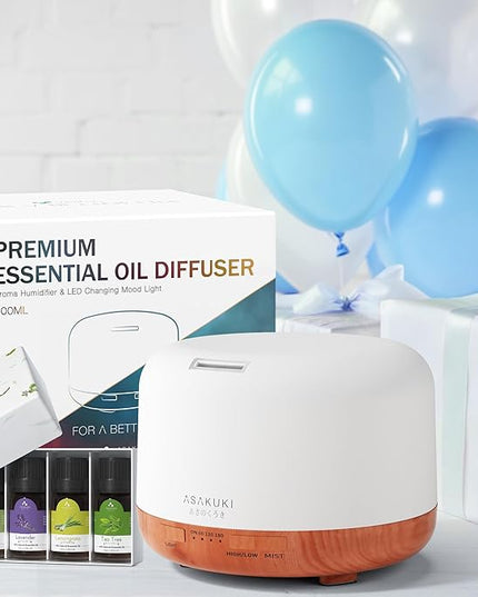 ASAKUKI Oil Diffuser with Essential Oils Set, 500ml Aromatherapy Humidifier with 14 LED Colors & Auto Shut-Off - 6 Oil Gift Pack(Lavender Eucalyptus Tea Tree Orange Peppermint Lemongrass)