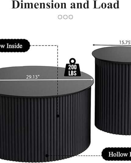 Fluted Round Nesting Coffee Table Set of 2, Mid Century Modern Wood Coffee Table and End Table Set, Minimalist Center Tables Circle Side Table for Living Room, Office(Black