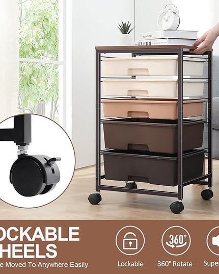 Utility Cart with 5 Drawers,Storage Drawer Cart with Wooden Tabletop and Lockable Wheels,Craft Storage Trolley Cart,5-Tier Rolling Utility Cart on Wheels,Dark Brown