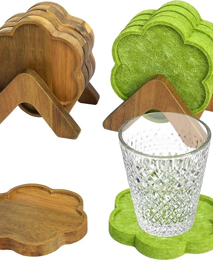 Coasters Set of 8, 3-Inch Flower Coasters with 2 Wooden Holders 4 Wooden and 4 Felt Pads, Heat-Resistant Drink Coasters for Mugs, Wine Glasses (8 Pcs Total)