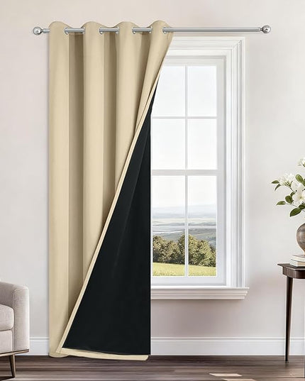 Yakamok 100% Blackout Curtains 96 Inches Long, 2 Thick Layers Heat and Full Light Blocking Soft Thermal Insulated Drapes for Bedroom(52" Wide Each Panel, Beige, 1 Panel)
