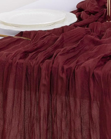 Socomi 10pcs Burgundy Red Christmas Cheesecloth Table Runner Boho Rustic Gauze 120 inch 10FT Cheese Cloth Runner for Wedding Party Baby Shower Birthday Home Decor Holiday Decorations