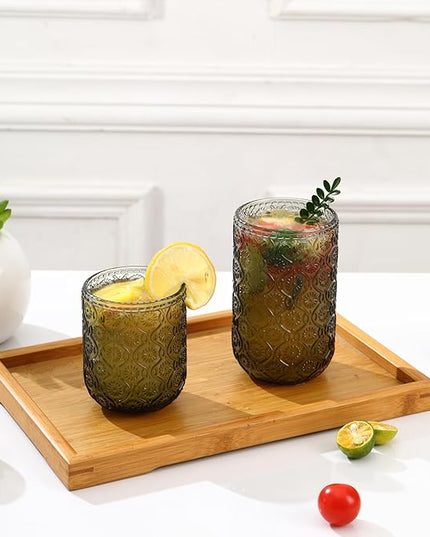 Grey Drinking Glasses Set of 8, 12 Oz Highball & 10 Oz Cocktail Glasses, Gray Kitchen Vintage Glassware Set, Floral Embossed Glass Tumbler Cups for Water, Beer, Juice, Whiskey, Coffee