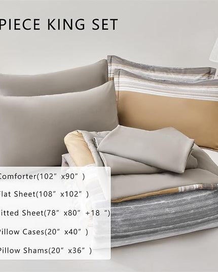 KAKIJUMN 7 Piece Bed in a Bag Stripe Comforter Set King Size, White Grey Khaki Patchwork Striped Comforter and Sheet Set, All Season Soft Microfiber Complete Bedding Set(Khaki,King)