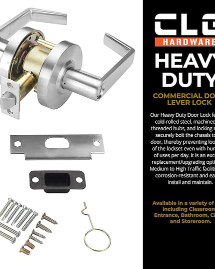 CLG HARDWARE Commercial Lever Door Lock - Heavy-Duty Locking Door Handle, Designer Door Handles, Cylindrical Lever Lock, Non-Handed Grade 2 Industrial Door Handle, 26D Satin Chrome, Privacy/Bathroom