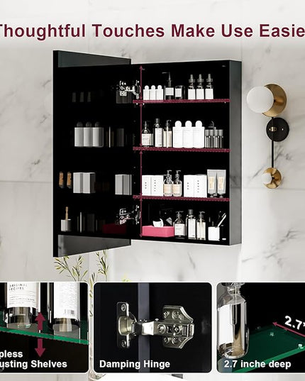 Black Medicine Cabinet Mirror, 17x30 Inch Bathroom Wall Cabinet Mirror with Storage & Adjustable Shelves, Wall Mounted Medicine Cabinets for Bathroom,Tempered Glass