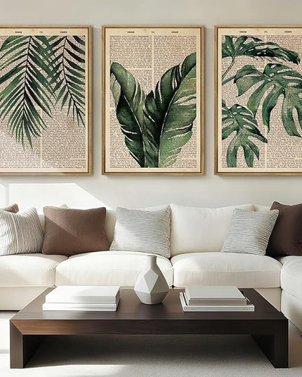 ANHUIB Large Botanical Prints Wall Art Framed Palm Leaf Wall Decor 16x24Inch Vintage Plant Art Prints Green Leaves Paintings Set of 3 for Living Room Bedroom Office