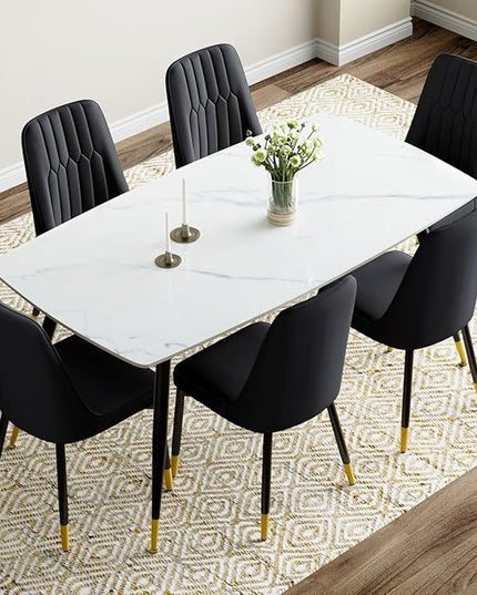 7 Piece Modern Dining Set, 62'' Sintered Stone Dinner Table for 6, 6 Chairs, Easy to Assemble