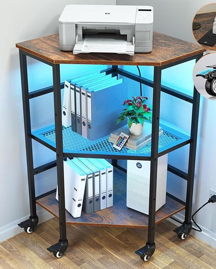 HAIOOU Corner Printer Stand Table with Power Outlet Charging Plugs USB Port & LED Lights, 3-Tier Corner Table with Wheel, Metal Frame Adjustable Storage Shelf for Home Office Kitchen