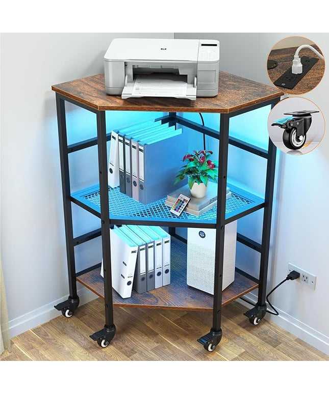 HAIOOU Corner Printer Stand Table with Power Outlet Charging Plugs USB Port & LED Lights, 3-Tier Corner Table with Wheel, Metal Frame Adjustable Storage Shelf for Home Office Kitchen