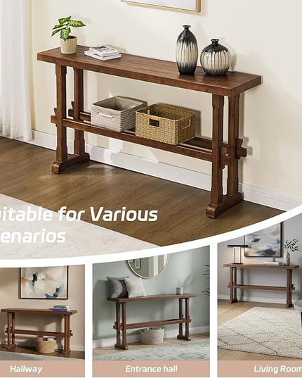 Kmax Entryway Table, 59 inchs Wood Farmhouse Console Table Boho Hallway Table Rustic Couch Table Behind Sofa for Outdoor Entrance Living Room - Walnut
