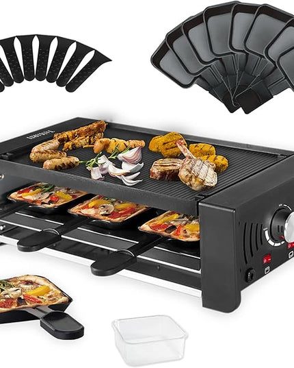 TAMARIT Raclette Party Grill Portable Indoor Electric Korean BBQ Grill 2 in 1 Raclette Table Griddle with Nonstick Coating Plate 4 Pizza Pans 8 Cheese Trays Upper and Lower Heater, PFAS-No
