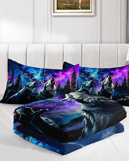 AILONEN Night Wolf Comforter Set,Howling Wolves Bedding Set for Teens Adult Bedroom Decor Full Size,Bohemian Starry Night Wild Animal Duvet Set,3-Piece,1 Quilt with 2 Pillowcases