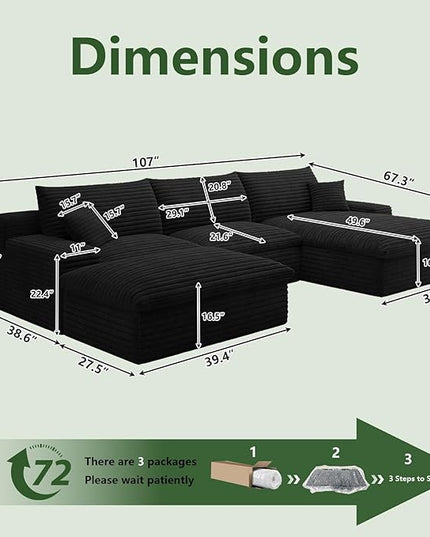 107" Cloud Couch Modular Sectional Sofa for Living Room, U-Shape Boneless Couch with Deep Seat, Modern Corduroy 3-Seater with Ottoman, No Assembly Required (Black,Right-Facing Chaise)