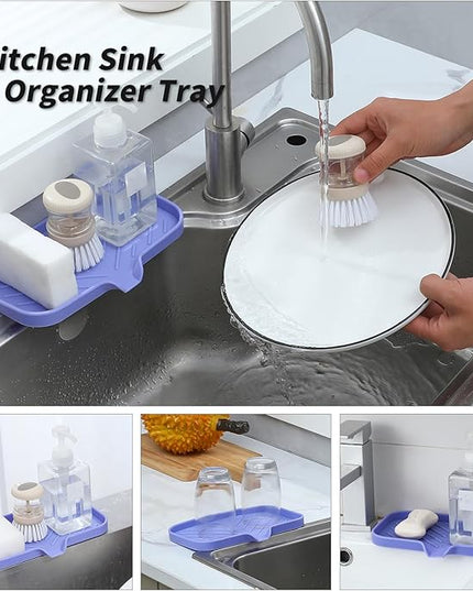 Silicone Bathroom Soap Dishes with Drain Spout-Bathroom and Kitchen Sink Organizer,Sponge Holder,Dish Soap Tray,Perfect for Dispenser,Scrubber,Bottle on Sink or Counter-Light Purple 9.6"×5.3"