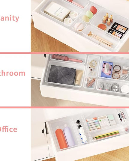 25 PCS Plastic Drawer Organizer Set, 4-Size Clear Bathroom and Vanity Desk Drawer Organizer Trays, Non-Slip Versatile Storage Bins for Makeup Jewelry Office Kitchen Gadgets