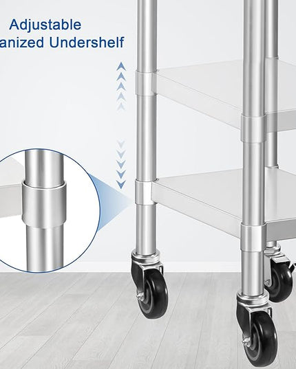 HARDURA Stainless Steel Commercial Table Prep & Work Table with Casters Heavy Duty Metal Table with Wheels NSF 430 18×36 Inches