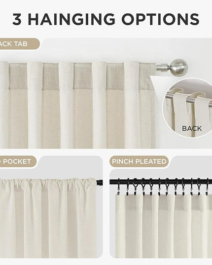 Joydeco Linen Curtains for Living Room,Light Filtering Rod Pocket Back Tab Semi Sheer Drapes Window Long Curtains 90 inches Long Ivory