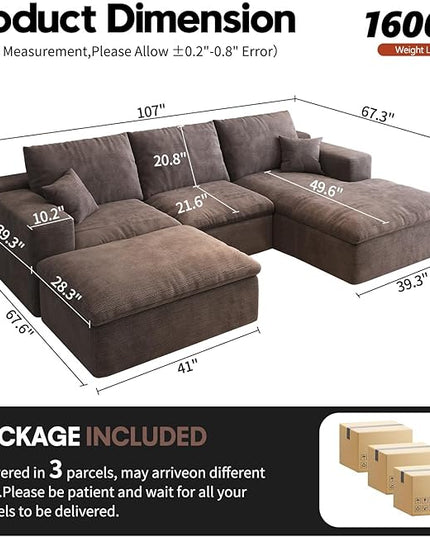 107'' U-Shaped Modern Modular Sectional Cloud Couch Whit Ottoman, 4-Seat Chenille Deep-Seat Sofa with Pillow for Living Room, Bedroom, Apartment, Camel