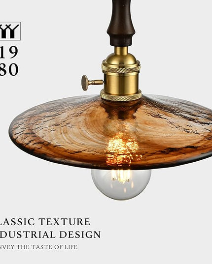 Modern Amber Glass Pendant Light, 9"x7.3" Wide Disc-Shaped Hanging Fixture with Wood & Brass Detail, 15"-72" Adjustable Line, E26 Socket – Golden Amber Disc