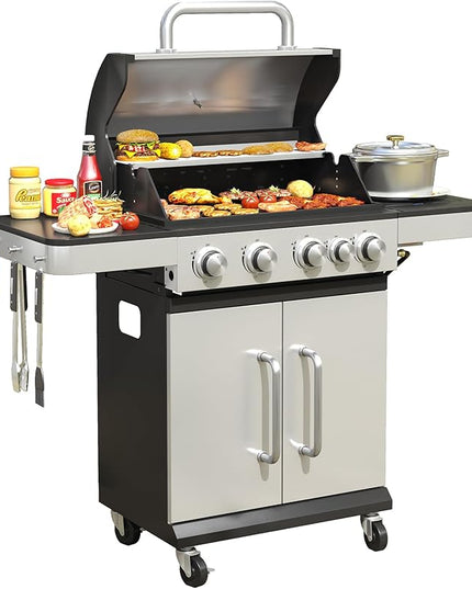 DIFY 4-Burner Propane Gas BBQ Grill with Side Burner and Porcelain-Enameled Cast Iron Grates, 46500 BTU Output Stainless Steel Grill for Outdoor Cooking Kitchen & Patio Backyard Barbecue, Silver